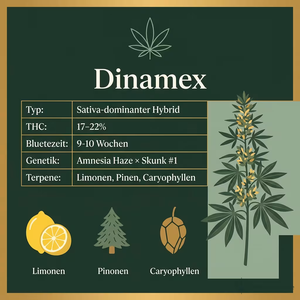 Infografik mit Dinamex Key Facts: Typ Sativa-dominanter Hybrid, THC 17-22%, Bluetezeit 9-10 Wochen, Genetik Amnesia Haze × Skunk #1 und Terpene Limonen, Pinen, Caryophyllen