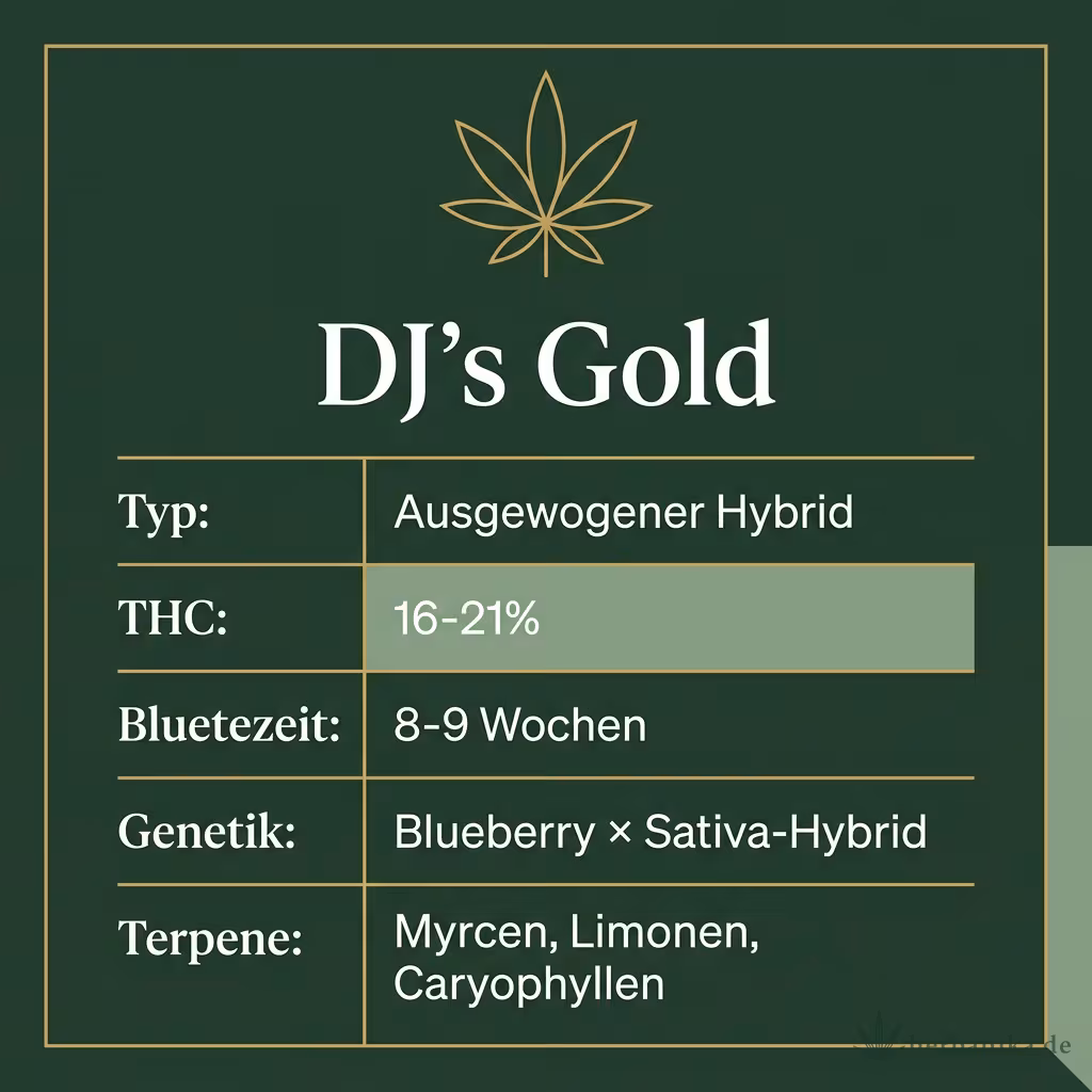 Infografik mit DJ's Gold Key Facts: Typ Ausgewogener Hybrid, THC 16-21%, Bluetezeit 8-9 Wochen, Genetik Blueberry × Sativa-Hybrid und Terpene Myrcen, Limonen, Caryophyllen
