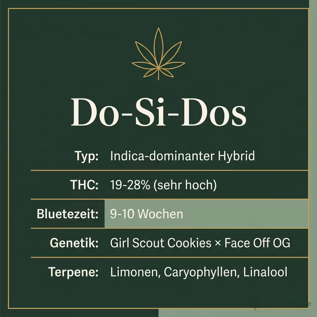 Infografik mit Do-Si-Dos Key Facts: Typ Indica-dominant, THC 19-28%, Bluetezeit 9-10 Wochen, Genetik Girl Scout Cookies x Face Off OG und Terpene Limonen, Caryophyllen, Linalool