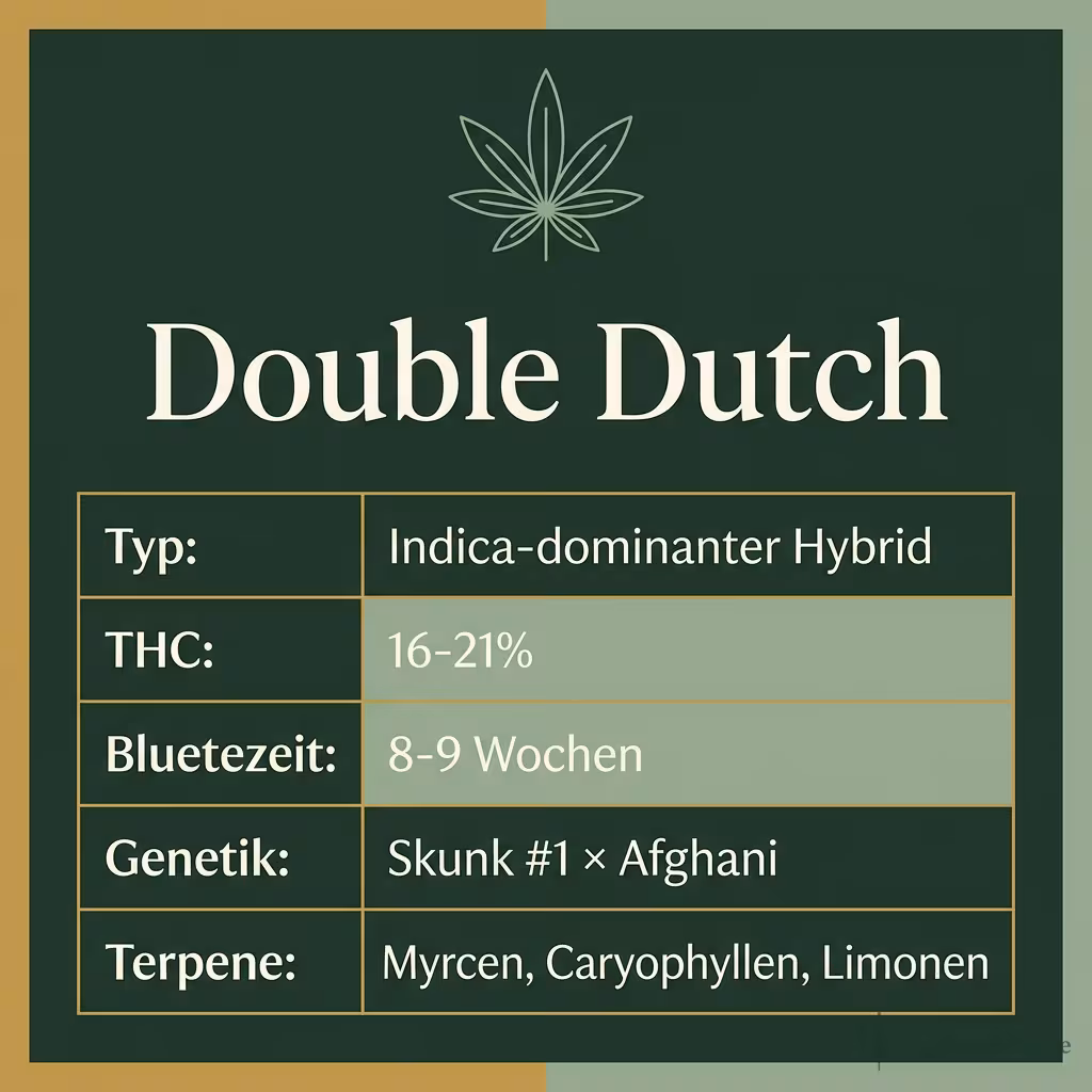 Infografik mit Double Dutch Key Facts: Typ Indica-dominanter Hybrid, THC 16-21%, Bluetezeit 8-9 Wochen, Genetik Skunk #1 × Afghani und Terpene Myrcen, Caryophyllen, Limonen