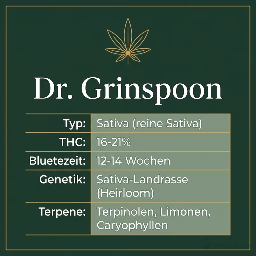 Infografik mit Dr. Grinspoon Key Facts: Typ Sativa (reine Sativa), THC 16-21%, Bluetezeit 12-14 Wochen, Genetik Sativa-Landrasse (Heirloom) und Terpene Terpinolen, Limonen, Caryophyllen