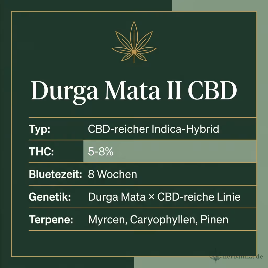 Infografik mit Durga Mata II CBD Key Facts: Typ CBD-reicher Indica-Hybrid, THC 5-8%, Bluetezeit 8 Wochen, Genetik Durga Mata × CBD-reiche Linie und Terpene Myrcen, Caryophyllen, Pinen