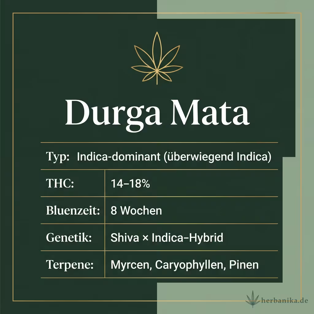 Infografik mit Durga Mata Key Facts: Typ Indica-dominant (überwiegend Indica), THC 14-18%, Bluetezeit 8 Wochen, Genetik Shiva × Indica-Hybrid und Terpene Myrcen, Caryophyllen, Pinen