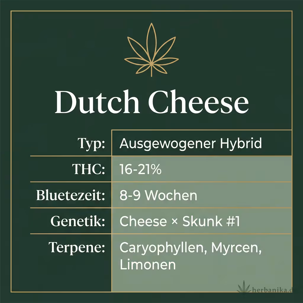 Infografik mit Dutch Cheese Key Facts: Typ Ausgewogener Hybrid, THC 16-21%, Bluetezeit 8-9 Wochen, Genetik Cheese × Skunk #1 und Terpene Caryophyllen, Myrcen, Limonen