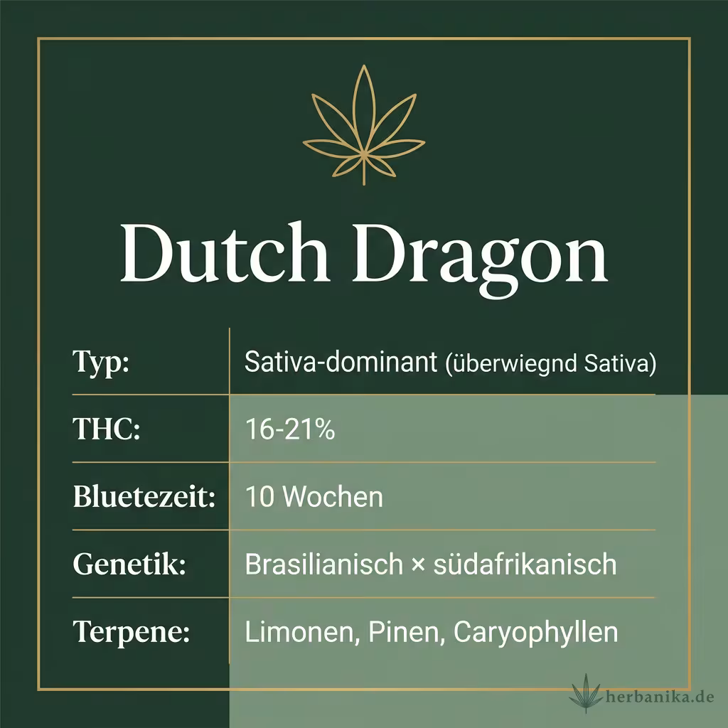 Infografik mit Dutch Dragon Key Facts: Typ Sativa-dominant (überwiegend Sativa), THC 16-21%, Bluetezeit 10 Wochen, Genetik Brasilianisch × südafrikanisch und Terpene Limonen, Pinen, Caryophyllen