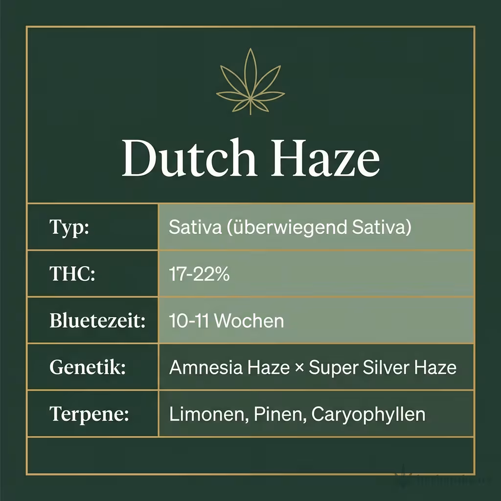 Infografik mit Dutch Haze Key Facts: Typ Sativa (überwiegend Sativa), THC 17-22%, Bluetezeit 10-11 Wochen, Genetik Amnesia Haze × Super Silver Haze und Terpene Limonen, Pinen, Caryophyllen