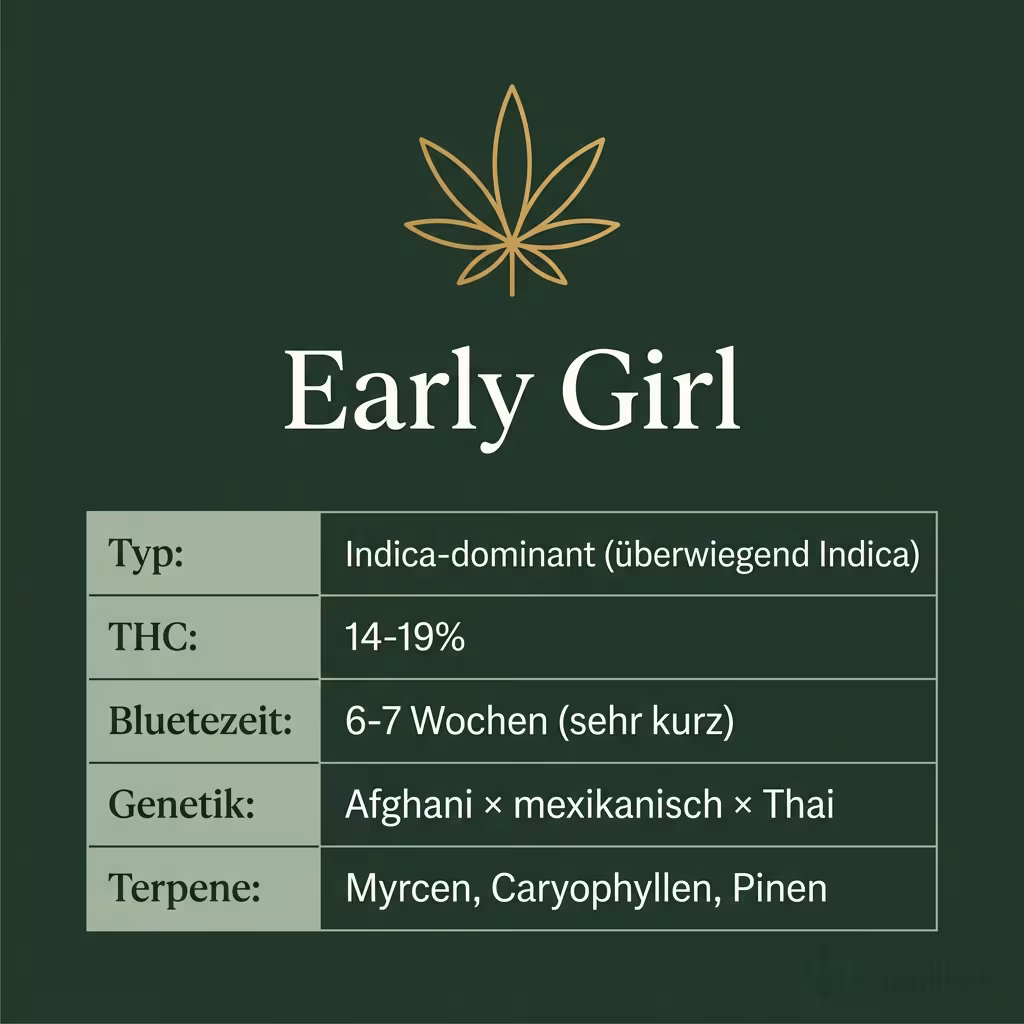 Infografik mit Early Girl Key Facts: Typ Indica-dominant (überwiegend Indica), THC 14-19%, Bluetezeit 6-7 Wochen (sehr kurz), Genetik Afghani × mexikanisch × Thai und Terpene Myrcen, Caryophyllen, Pinen