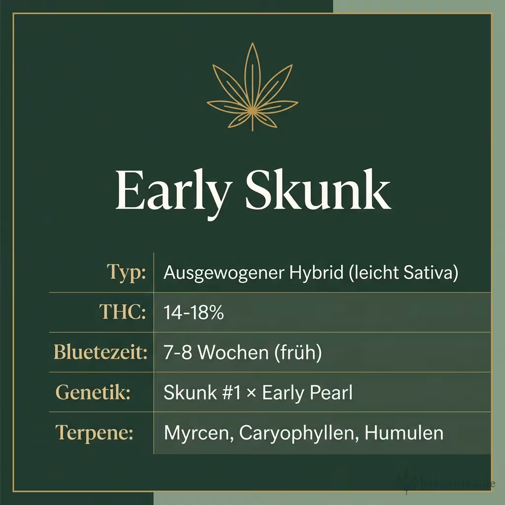 Infografik mit Early Skunk Key Facts: Typ Ausgewogener Hybrid (leicht Sativa), THC 14-18%, Bluetezeit 7-8 Wochen (früh), Genetik Skunk #1 × Early Pearl und Terpene Myrcen, Caryophyllen, Humulen