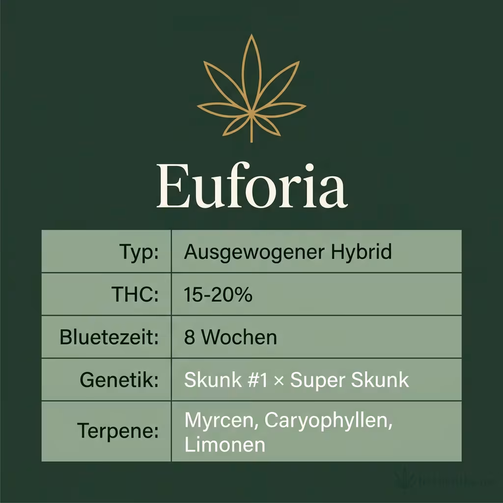 Infografik mit Euforia Key Facts: Typ Ausgewogener Hybrid, THC 15-20%, Bluetezeit 8 Wochen, Genetik Skunk #1 × Super Skunk und Terpene Myrcen, Caryophyllen, Limonen