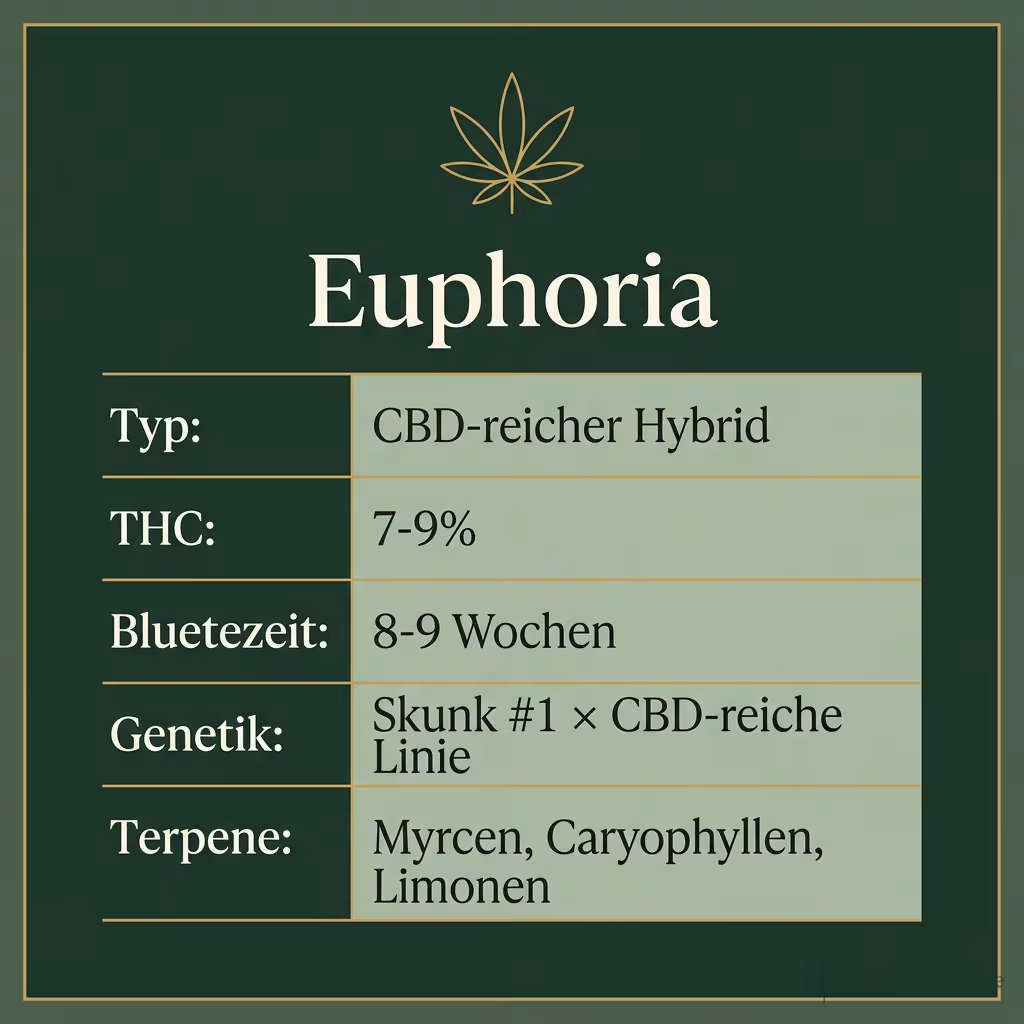 Infografik mit Euphoria Key Facts: Typ CBD-reicher Hybrid, THC 7-9%, Bluetezeit 8-9 Wochen, Genetik Skunk #1 × CBD-reiche Linie und Terpene Myrcen, Caryophyllen, Limonen