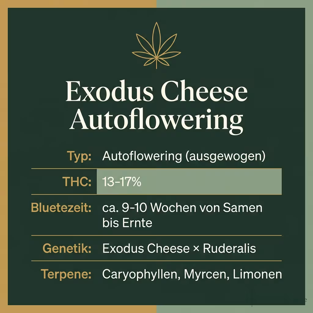 Infografik mit Exodus Cheese Autoflowering Key Facts: Typ Autoflowering (ausgewogen), THC 13-17%, Bluetezeit ca. 9-10 Wochen von Samen bis Ernte, Genetik Exodus Cheese × Ruderalis und Terpene Caryophyllen, Myrcen, Limonen