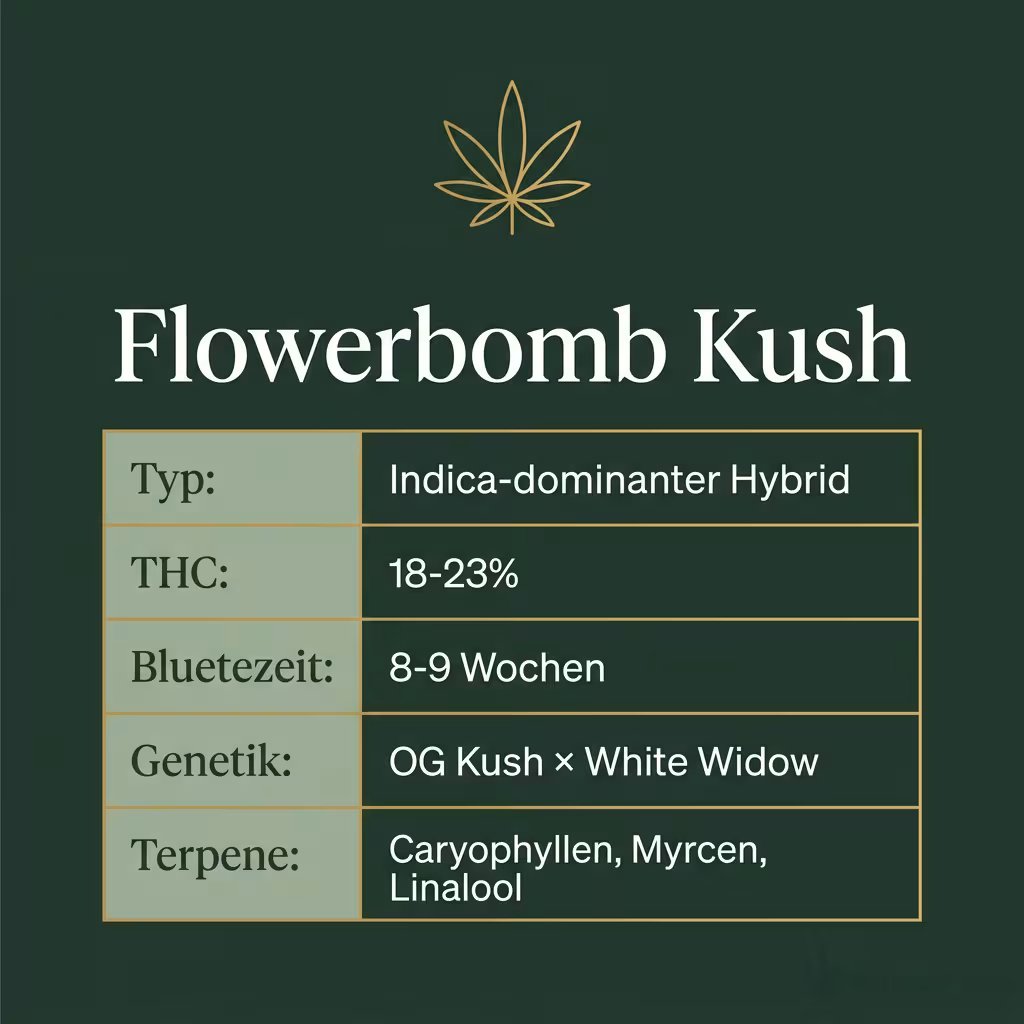 Infografik mit Flowerbomb Kush Key Facts: Typ Indica-dominanter Hybrid, THC 18-23%, Bluetezeit 8-9 Wochen, Genetik OG Kush × White Widow und Terpene Caryophyllen, Myrcen, Linalool