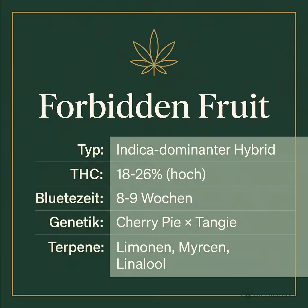 Infografik mit Forbidden-Fruit Key Facts: Typ Indica-dominant, THC 18-26%, Bluetezeit 8-9 Wochen, Genetik Cherry Pie x Tangie und Terpene Limonen, Myrcen, Linalool