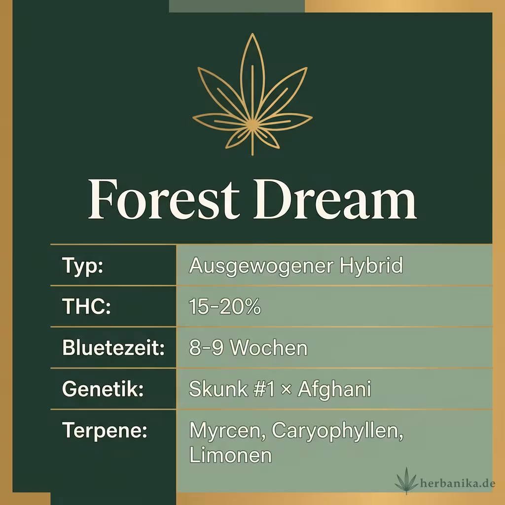 Infografik mit Forest Dream Key Facts: Typ Ausgewogener Hybrid, THC 15-20%, Bluetezeit 8-9 Wochen, Genetik Skunk #1 × Afghani und Terpene Myrcen, Caryophyllen, Limonen