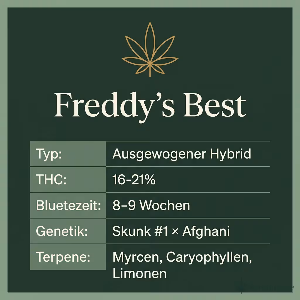 Infografik mit Freddy's Best Key Facts: Typ Ausgewogener Hybrid, THC 16-21%, Bluetezeit 8-9 Wochen, Genetik Skunk #1 × Afghani und Terpene Myrcen, Caryophyllen, Limonen