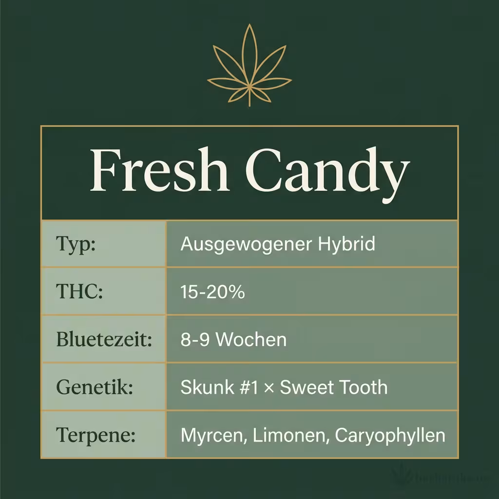 Infografik mit Fresh Candy Key Facts: Typ Ausgewogener Hybrid, THC 15-20%, Bluetezeit 8-9 Wochen, Genetik Skunk #1 × Sweet Tooth und Terpene Myrcen, Limonen, Caryophyllen