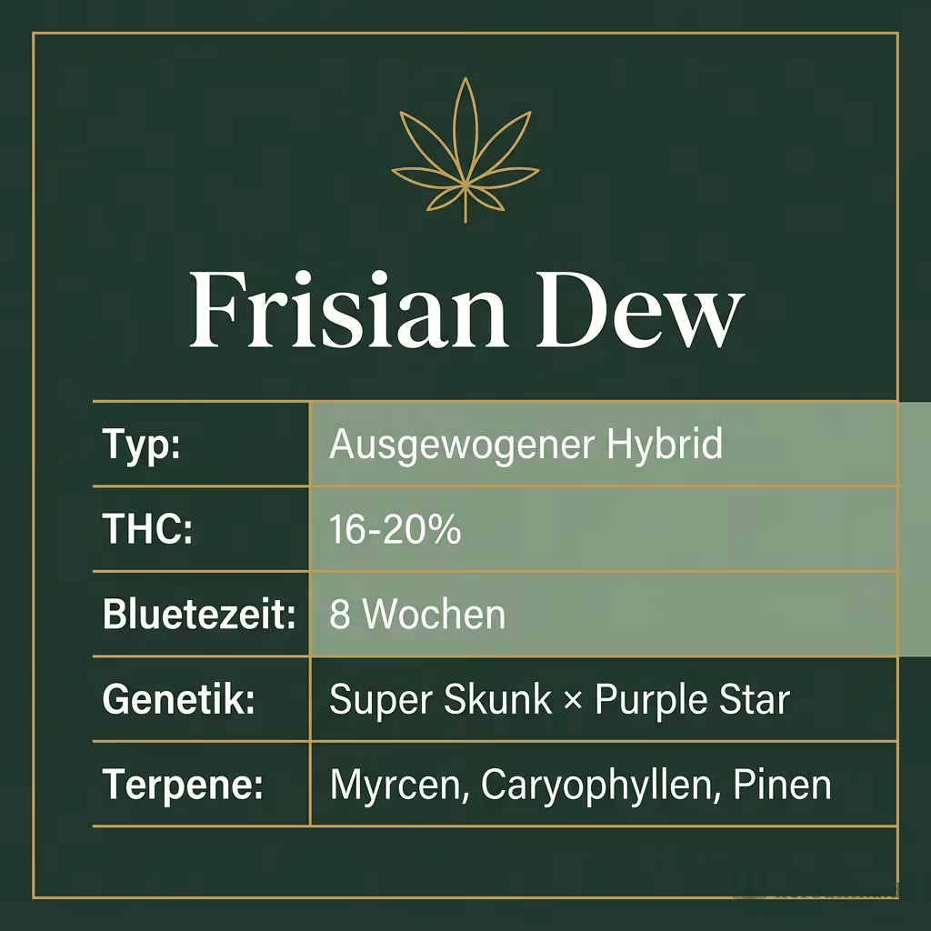 Infografik mit Frisian Dew Key Facts: Typ Ausgewogener Hybrid, THC 16-20%, Bluetezeit 8 Wochen, Genetik Super Skunk × Purple Star und Terpene Myrcen, Caryophyllen, Pinen