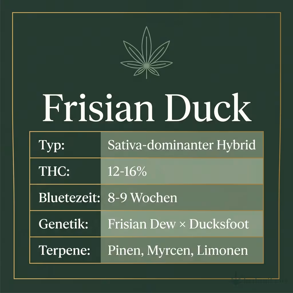 Infografik mit Frisian Duck Key Facts: Typ Sativa-dominanter Hybrid, THC 12-16%, Bluetezeit 8-9 Wochen, Genetik Frisian Dew × Ducksfoot und Terpene Pinen, Myrcen, Limonen