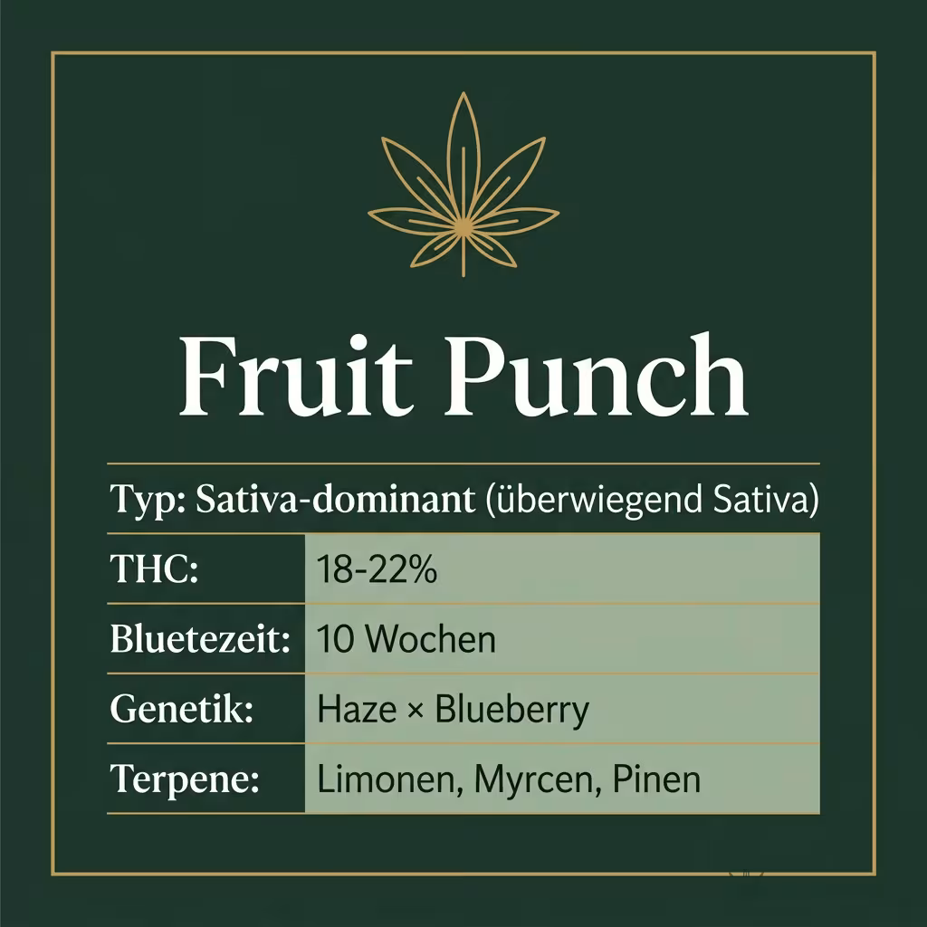 Infografik mit Fruit Punch Key Facts: Typ Sativa-dominant (überwiegend Sativa), THC 18-22%, Bluetezeit 10 Wochen, Genetik Haze × Blueberry und Terpene Limonen, Myrcen, Pinen