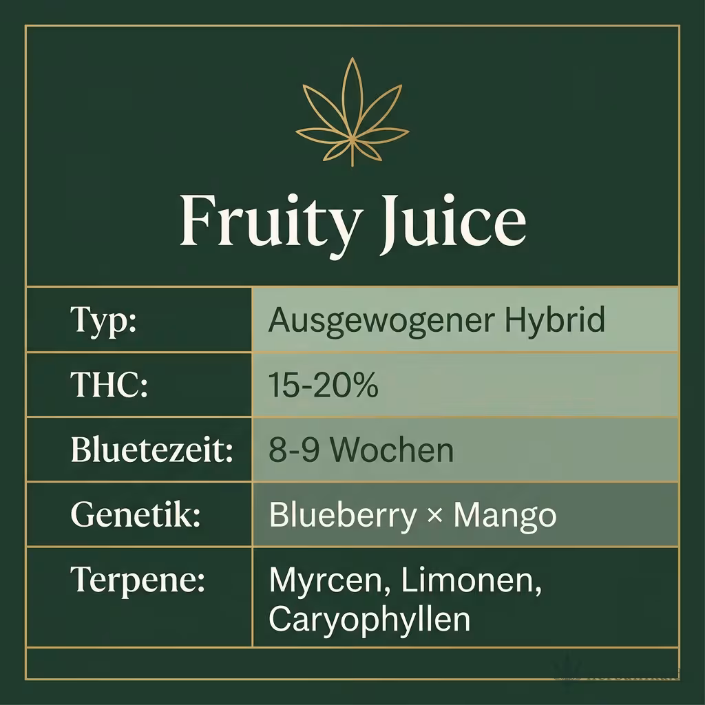 Infografik mit Fruity Juice Key Facts: Typ Ausgewogener Hybrid, THC 15-20%, Bluetezeit 8-9 Wochen, Genetik Blueberry × Mango und Terpene Myrcen, Limonen, Caryophyllen