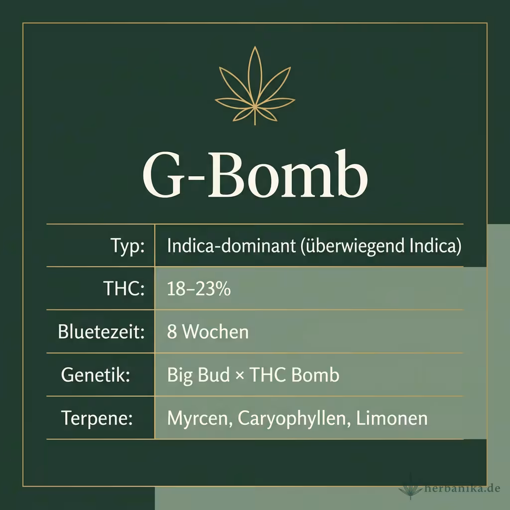 Infografik mit G-Bomb Key Facts: Typ Indica-dominant (überwiegend Indica), THC 18-23%, Bluetezeit 8 Wochen, Genetik Big Bud × THC Bomb und Terpene Myrcen, Caryophyllen, Limonen