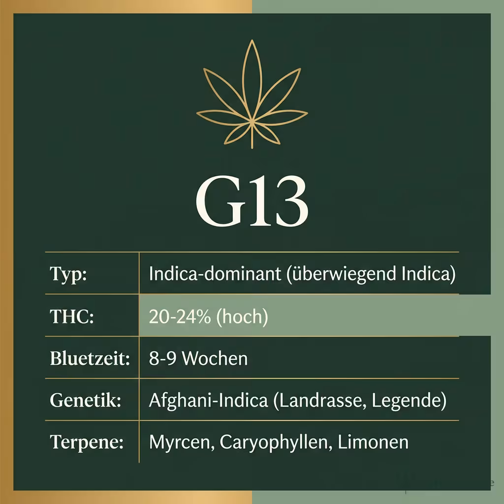 Infografik mit G13 Key Facts: Typ reine Indica, THC 20-24%, Bluetezeit 8-9 Wochen, Genetik Afghani-Indica-Landrasse und Terpene Myrcen, Caryophyllen, Limonen