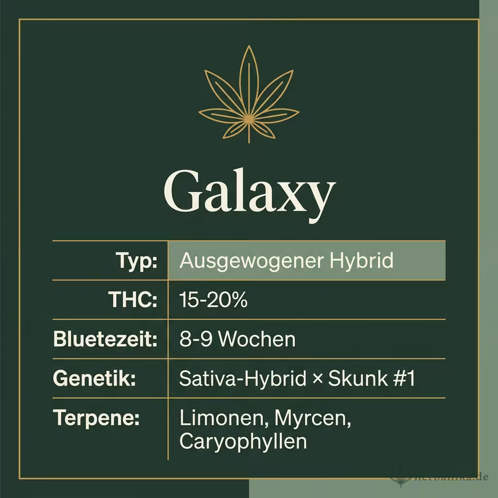 Infografik mit Galaxy Key Facts: Typ Ausgewogener Hybrid, THC 15-20%, Bluetezeit 8-9 Wochen, Genetik Sativa-Hybrid × Skunk #1 und Terpene Limonen, Myrcen, Caryophyllen