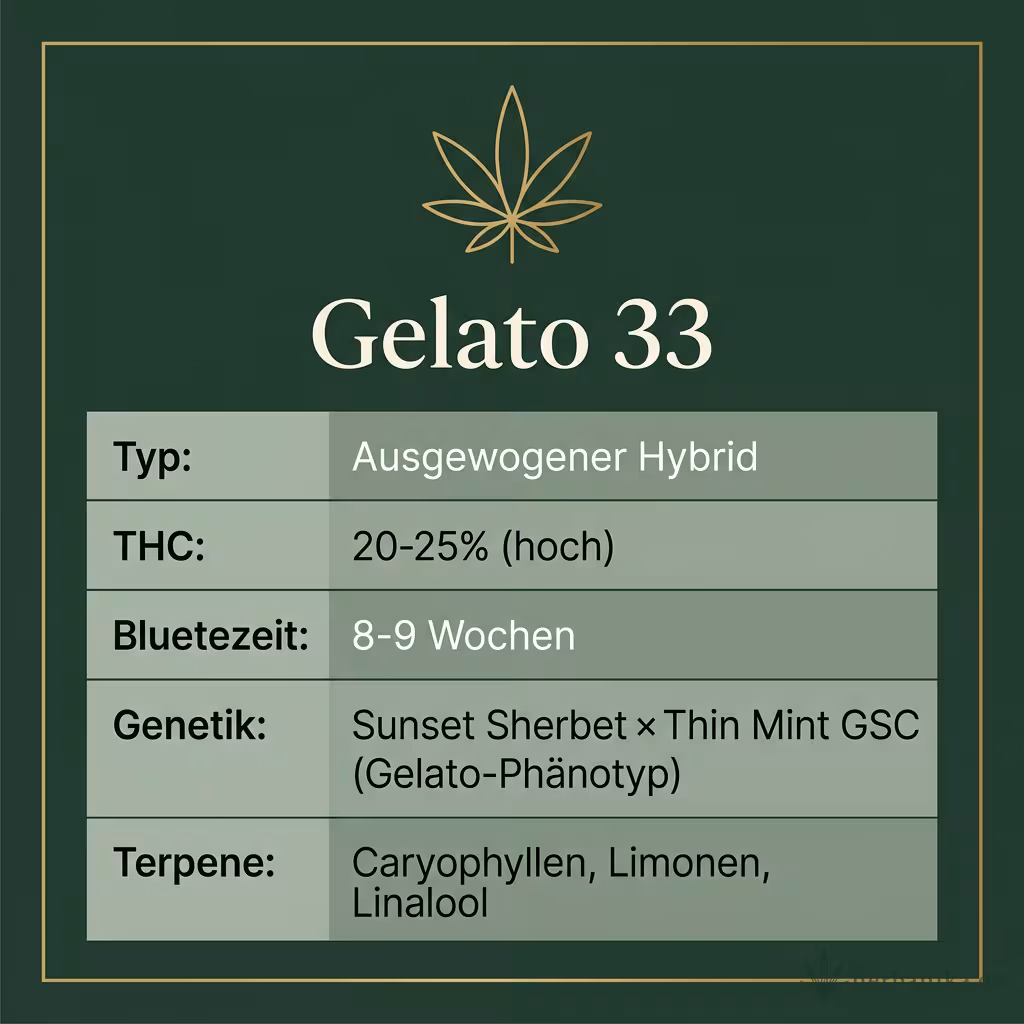 Infografik mit Gelato-33 Key Facts: Typ ausgewogener Hybrid, THC 20-25%, Bluetezeit 8-9 Wochen, Genetik Sunset Sherbet x Thin Mint GSC und Terpene Caryophyllen, Limonen, Linalool