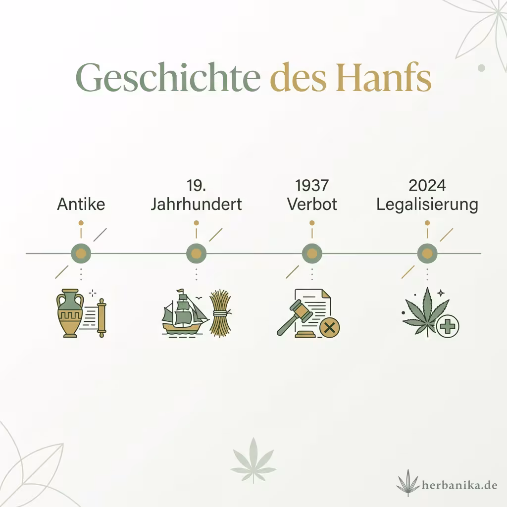 Zeitstrahl der Geschichte des Hanfs: Antike, 19. Jahrhundert, 1937 Verbot, 2024 Legalisierung