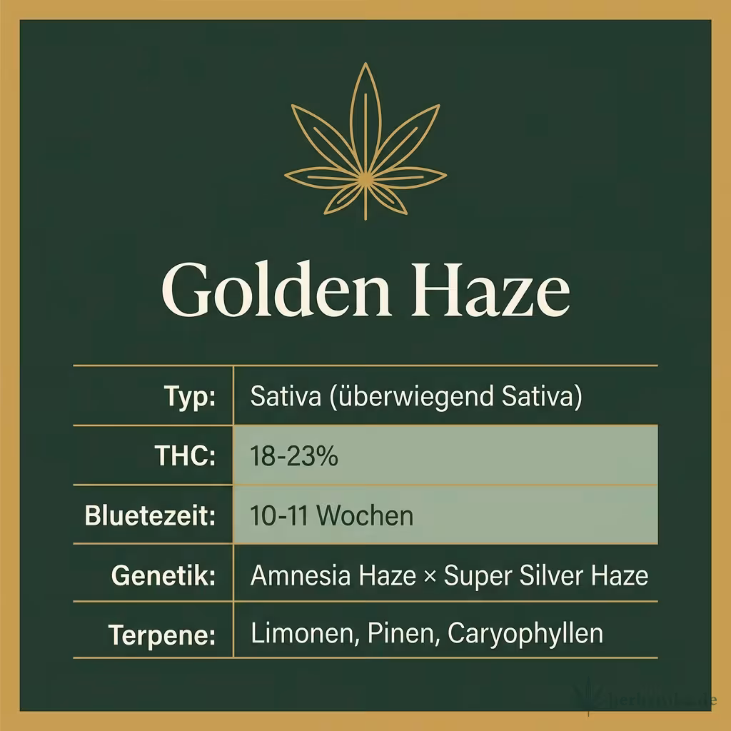 Infografik mit Golden Haze Key Facts: Typ Sativa (überwiegend Sativa), THC 18-23%, Bluetezeit 10-11 Wochen, Genetik Amnesia Haze × Super Silver Haze und Terpene Limonen, Pinen, Caryophyllen