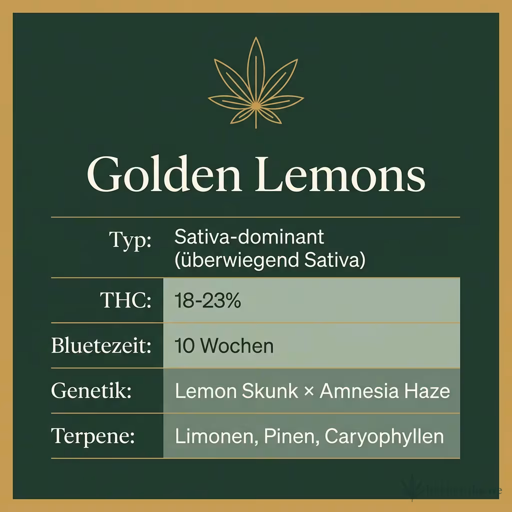 Infografik mit Golden Lemons Key Facts: Typ Sativa-dominant (überwiegend Sativa), THC 18-23%, Bluetezeit 10 Wochen, Genetik Lemon Skunk × Amnesia Haze und Terpene Limonen, Pinen, Caryophyllen