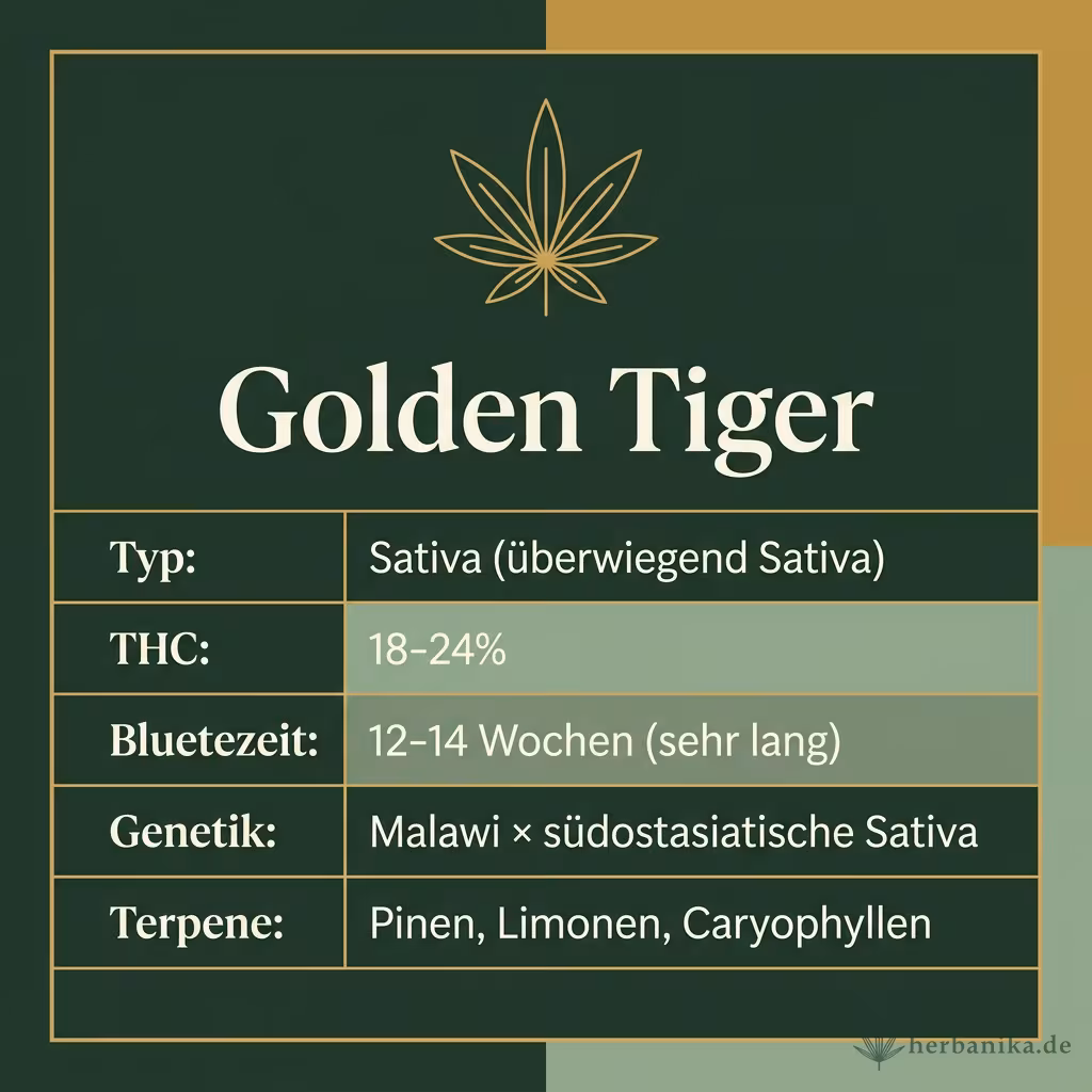 Infografik mit Golden Tiger Key Facts: Typ Sativa (überwiegend Sativa), THC 18-24%, Bluetezeit 12-14 Wochen (sehr lang), Genetik Malawi × südostasiatische Sativa und Terpene Pinen, Limonen, Caryophyllen