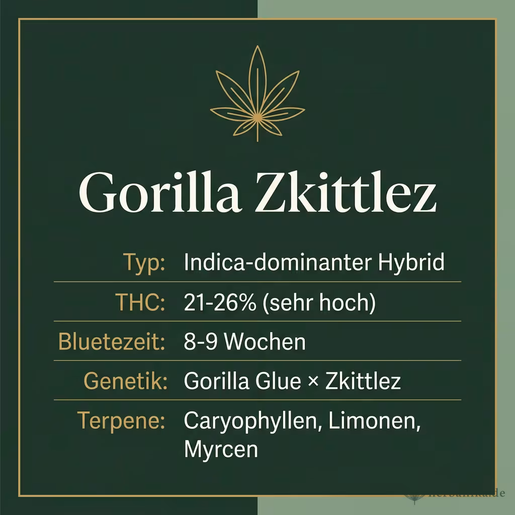 Infografik mit Gorilla-Zkittlez Key Facts: Typ Indica-dominant, THC 21-26%, Bluetezeit 8-9 Wochen, Genetik Gorilla Glue x Zkittlez und Terpene Caryophyllen, Limonen, Myrcen