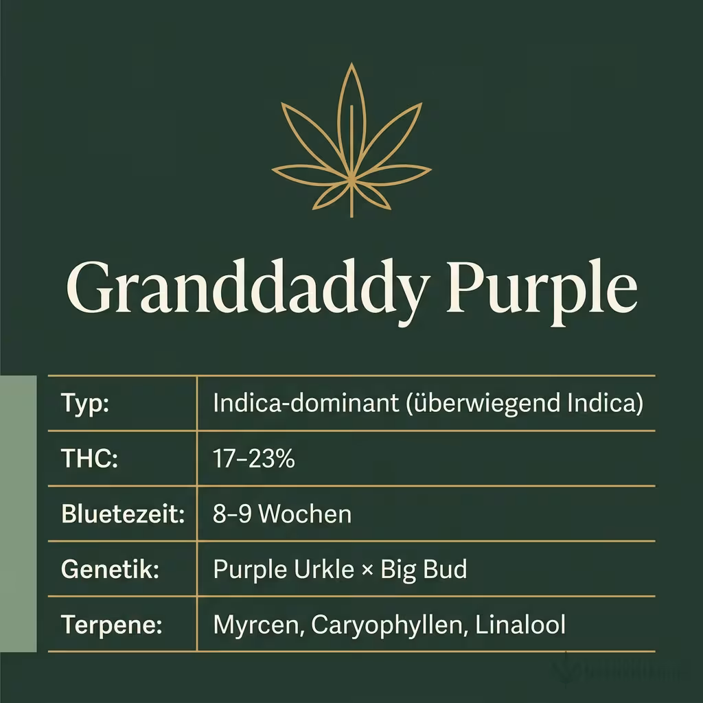 Infografik mit Granddaddy-Purple Key Facts: Typ Indica-dominant, THC 17-23%, Bluetezeit 8-9 Wochen, Genetik Purple Urkle x Big Bud und Terpene Myrcen, Caryophyllen, Linalool
