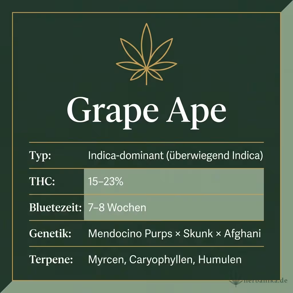 Infografik mit Grape-Ape Key Facts: Typ Indica-dominant, THC 15-23%, Bluetezeit 7-8 Wochen, Genetik Mendocino Purps x Skunk x Afghani und Terpene Myrcen, Caryophyllen, Humulen