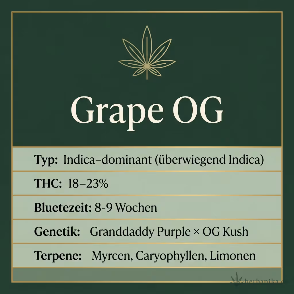 Infografik mit Grape OG Key Facts: Typ Indica-dominant (überwiegend Indica), THC 18-23%, Bluetezeit 8-9 Wochen, Genetik Granddaddy Purple × OG Kush und Terpene Myrcen, Caryophyllen, Limonen