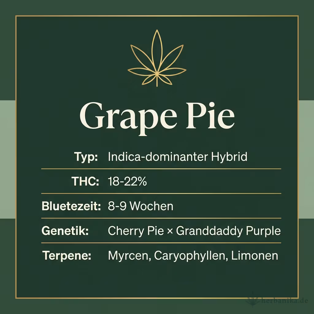 Infografik mit Grape Pie Key Facts: Typ Indica-dominanter Hybrid, THC 18-22%, Bluetezeit 8-9 Wochen, Genetik Cherry Pie × Granddaddy Purple und Terpene Myrcen, Caryophyllen, Limonen