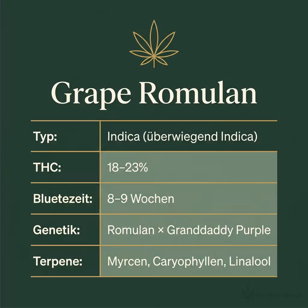 Infografik mit Grape Romulan Key Facts: Typ Indica (überwiegend Indica), THC 18-23%, Bluetezeit 8-9 Wochen, Genetik Romulan × Granddaddy Purple und Terpene Myrcen, Caryophyllen, Linalool