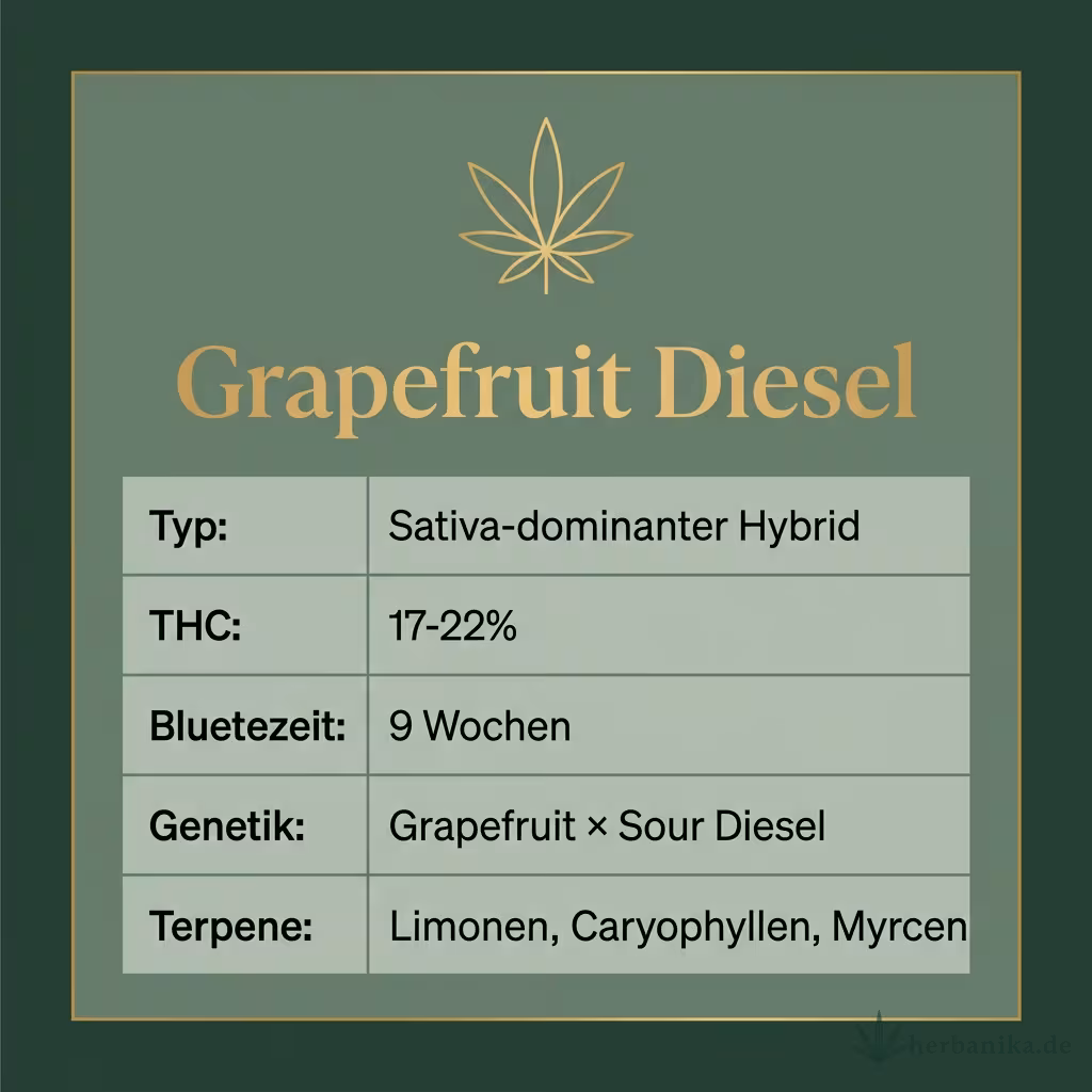 Infografik mit Grapefruit Diesel Key Facts: Typ Sativa-dominanter Hybrid, THC 17-22%, Bluetezeit 9 Wochen, Genetik Grapefruit × Sour Diesel und Terpene Limonen, Caryophyllen, Myrcen