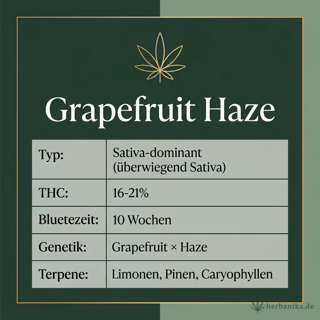 Infografik mit Grapefruit Haze Key Facts: Typ Sativa-dominant (überwiegend Sativa), THC 16-21%, Bluetezeit 10 Wochen, Genetik Grapefruit × Haze und Terpene Limonen, Pinen, Caryophyllen