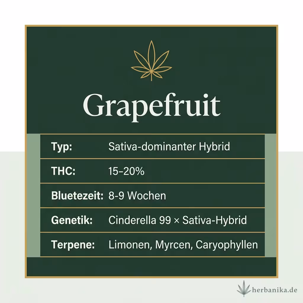 Infografik mit Grapefruit Key Facts: Typ Sativa-dominanter Hybrid, THC 15-20%, Bluetezeit 8-9 Wochen, Genetik Cinderella 99 × Sativa-Hybrid und Terpene Limonen, Myrcen, Caryophyllen