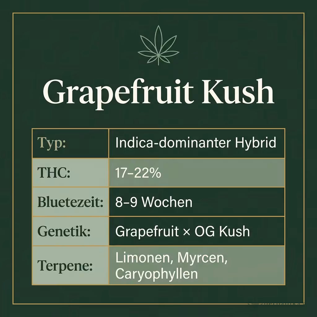 Infografik mit Grapefruit Kush Key Facts: Typ Indica-dominanter Hybrid, THC 17-22%, Bluetezeit 8-9 Wochen, Genetik Grapefruit × OG Kush und Terpene Limonen, Myrcen, Caryophyllen