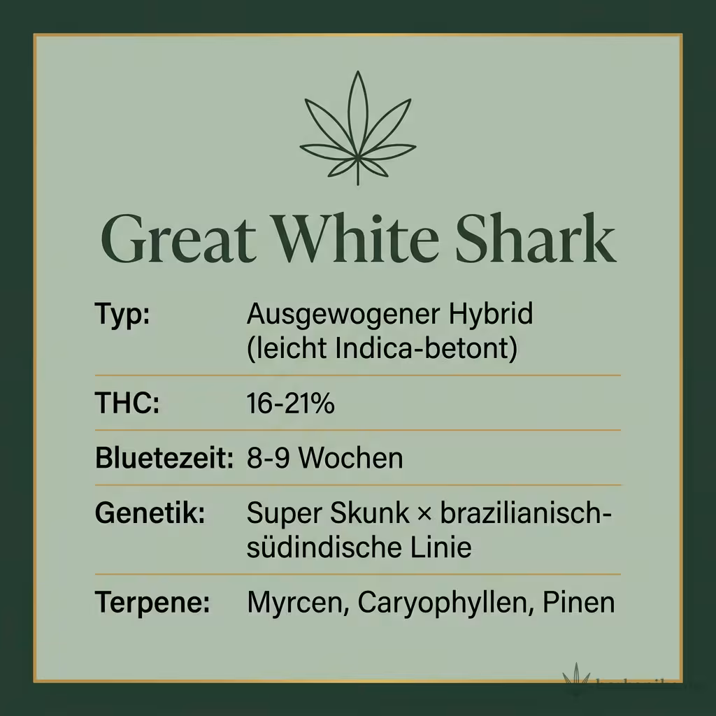 Infografik mit Great-White-Shark Key Facts: Typ ausgewogener Hybrid, THC 16-21%, Bluetezeit 8-9 Wochen, Genetik Super Skunk x brazilianisch-südindische Linie und Terpene Myrcen, Caryophyllen, Pinen