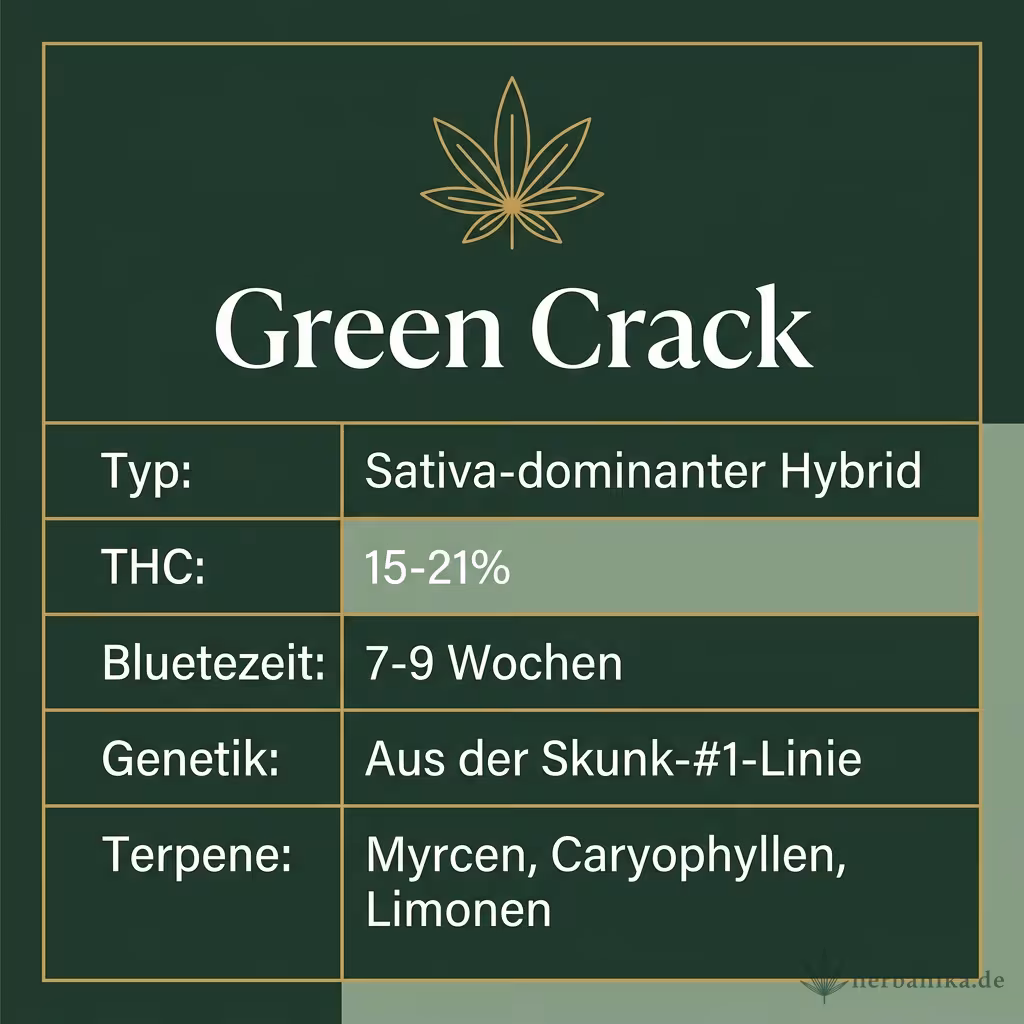 Infografik mit Green-Crack Key Facts: Typ Sativa-dominant, THC 15-21%, Bluetezeit 7-9 Wochen, Genetik Skunk-1-Linie und Terpene Myrcen, Caryophyllen, Limonen