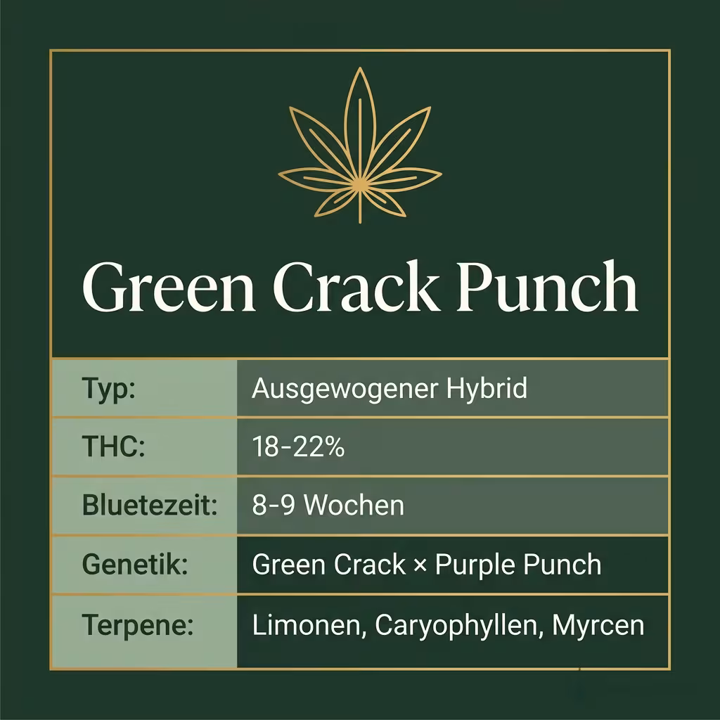 Infografik mit Green Crack Punch Key Facts: Typ Ausgewogener Hybrid, THC 18-22%, Bluetezeit 8-9 Wochen, Genetik Green Crack × Purple Punch und Terpene Limonen, Caryophyllen, Myrcen
