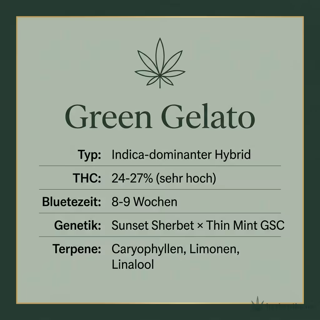 Infografik mit Green Gelato Key Facts: Typ Indica-dominanter Hybrid, THC 24-27% (sehr hoch), Bluetezeit 8-9 Wochen, Genetik Sunset Sherbet × Thin Mint GSC und Terpene Caryophyllen, Limonen, Linalool