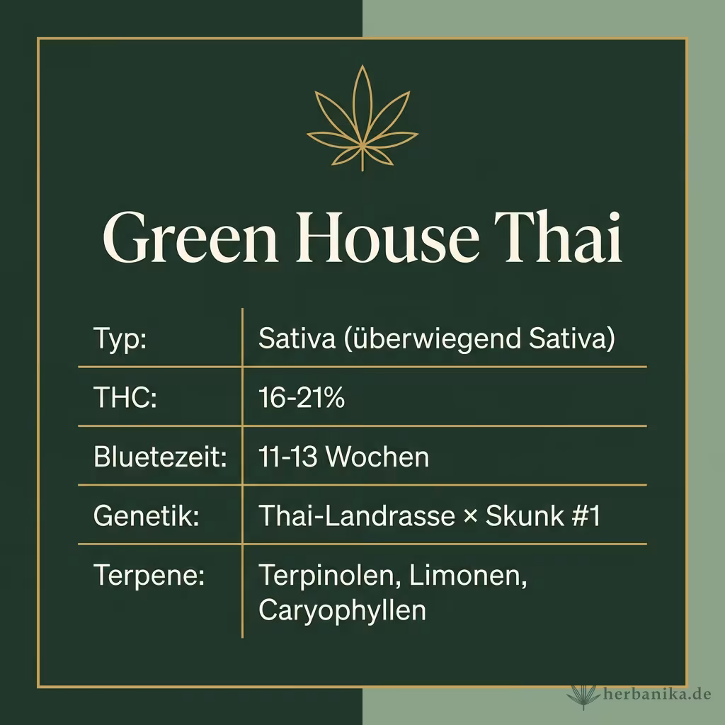 Infografik mit Green House Thai Key Facts: Typ Sativa (überwiegend Sativa), THC 16-21%, Bluetezeit 11-13 Wochen, Genetik Thai-Landrasse × Skunk #1 und Terpene Terpinolen, Limonen, Caryophyllen
