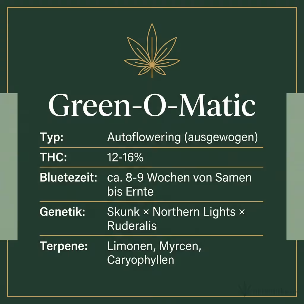 Infografik mit Green-O-Matic Key Facts: Typ Autoflowering (ausgewogen), THC 12-16%, Bluetezeit ca. 8-9 Wochen von Samen bis Ernte, Genetik Skunk × Northern Lights × Ruderalis und Terpene Limonen, Myrcen, Caryophyllen