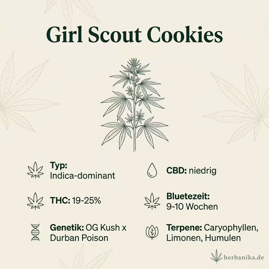 Infografik mit Girl-Scout-Cookies Key Facts: Typ Indica-dominant, THC 19-25%, Bluetezeit 9-10 Wochen, Genetik OG Kush x Durban Poison und Terpene Caryophyllen, Limonen, Humulen
