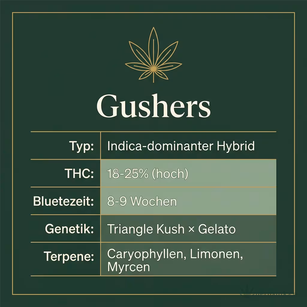 Infografik mit Gushers Key Facts: Typ Indica-dominanter Hybrid, THC 18-25%, Bluetezeit 8-9 Wochen, Genetik Triangle Kush x Gelato und Terpene Caryophyllen, Limonen, Myrcen
